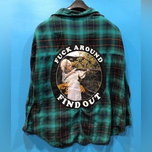 Hand Crafted Tops - Handmade shacket DOLLY PARTON cotton flannel FXXX AROUND FIND OUT